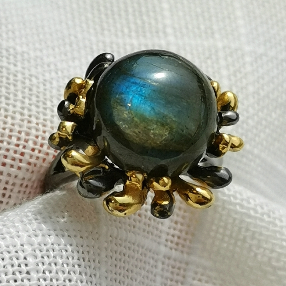 Labradorite Sterling Silver 14k Gold Ring Size 9